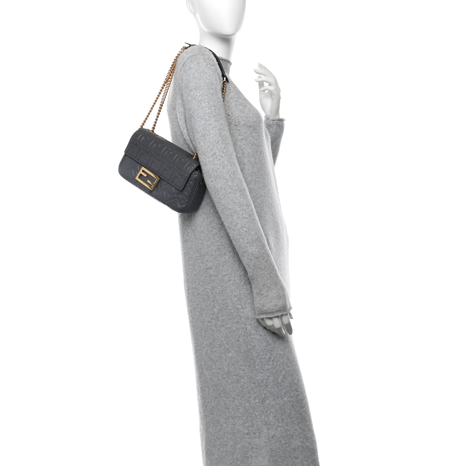 Fendi Nappa Small FF Embossed Mid Chain Baguette Anthracite 2 of 10