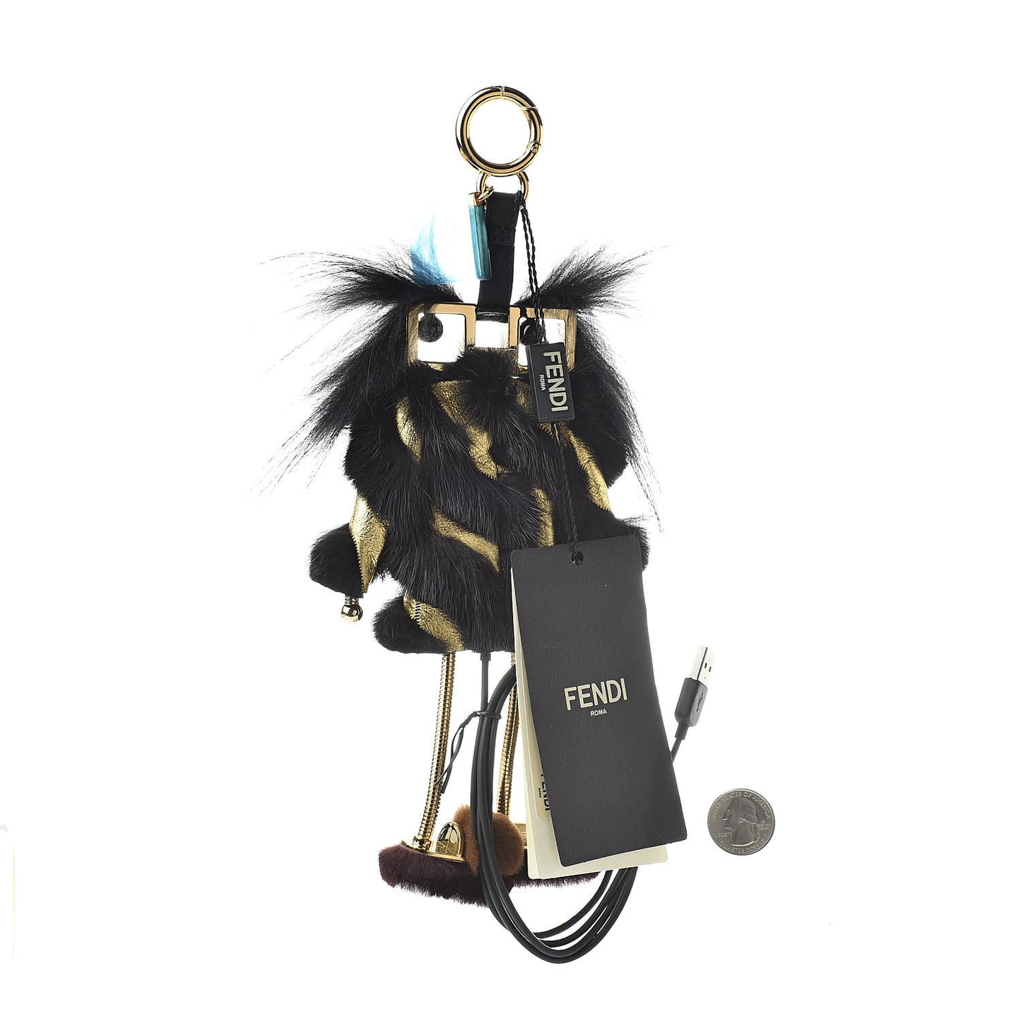 Metallic Calfskin Mink Fox Fur Hypnoteyes Witches USB Power Bank Bag Charm Black Gold