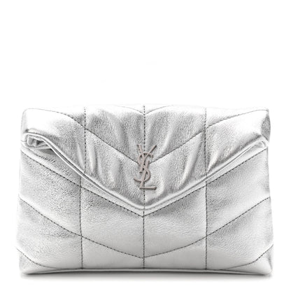Saint Laurent Metallic Lambskin Monogram Loulou Puffer Pouch Clutch Silver 1 of 8