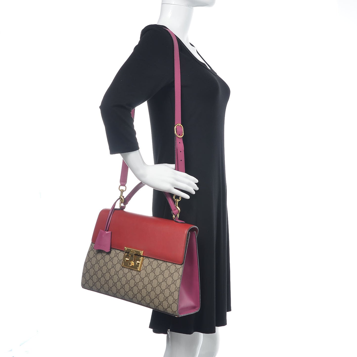 GG Supreme Monogram Calfskin Medium Padlock Top Handle Bag Beige Hibiscus Red New Rosette