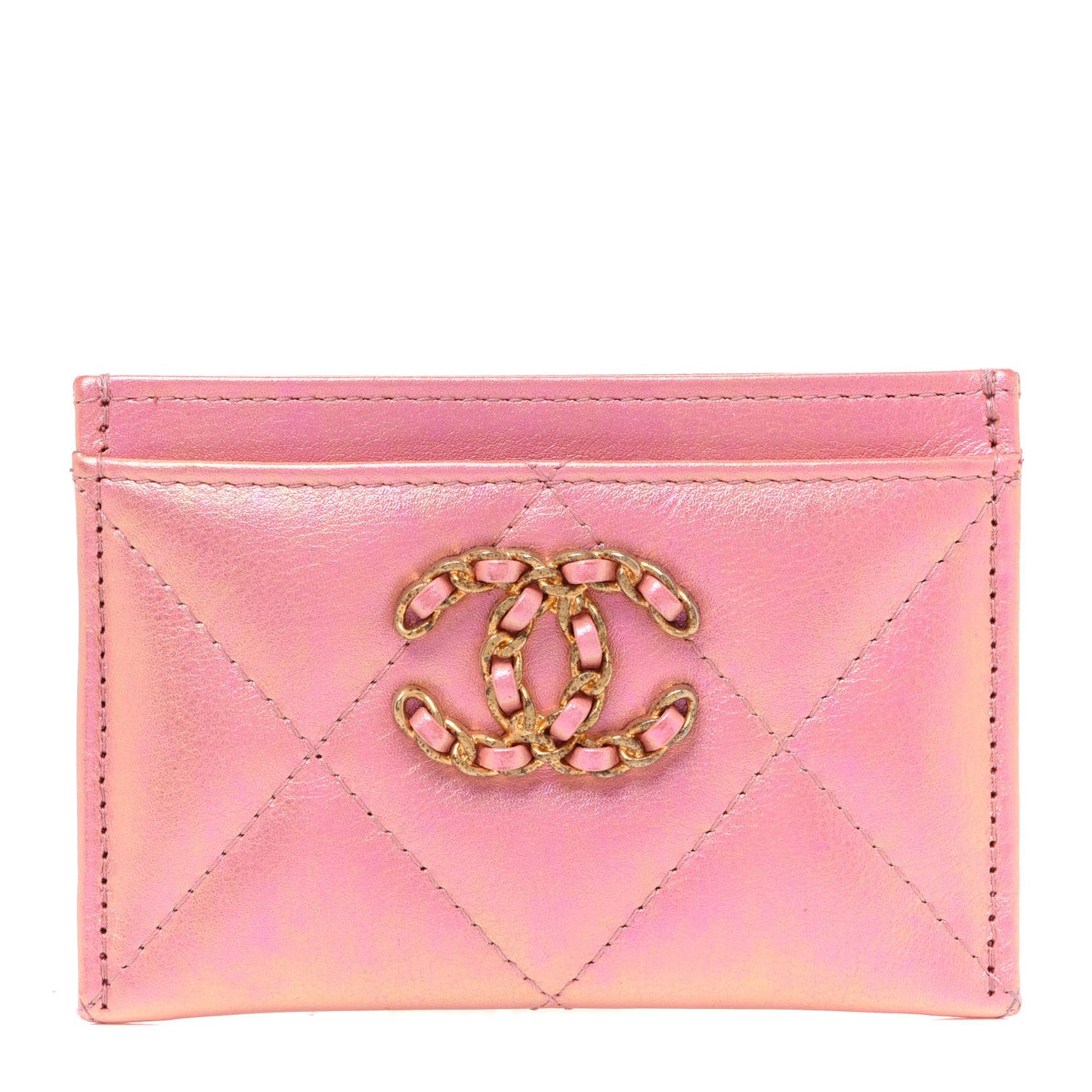 Iridescent Calfskin Quilted Chanel 19 Card Holder Pink
