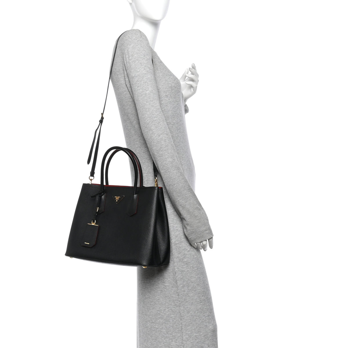Prada Saffiano Cuir Medium Double Bag Black Fuoco 2 of 9