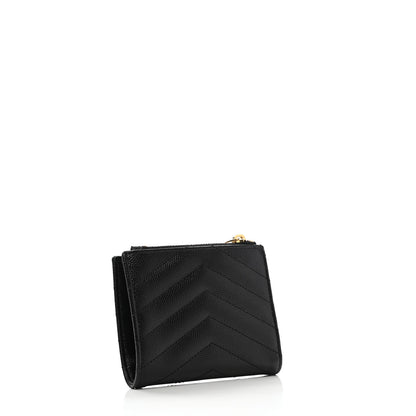 Saint Laurent Grain De Poudre Matelasse Chevron Monogram Zipped Card Case Black 3 of 6