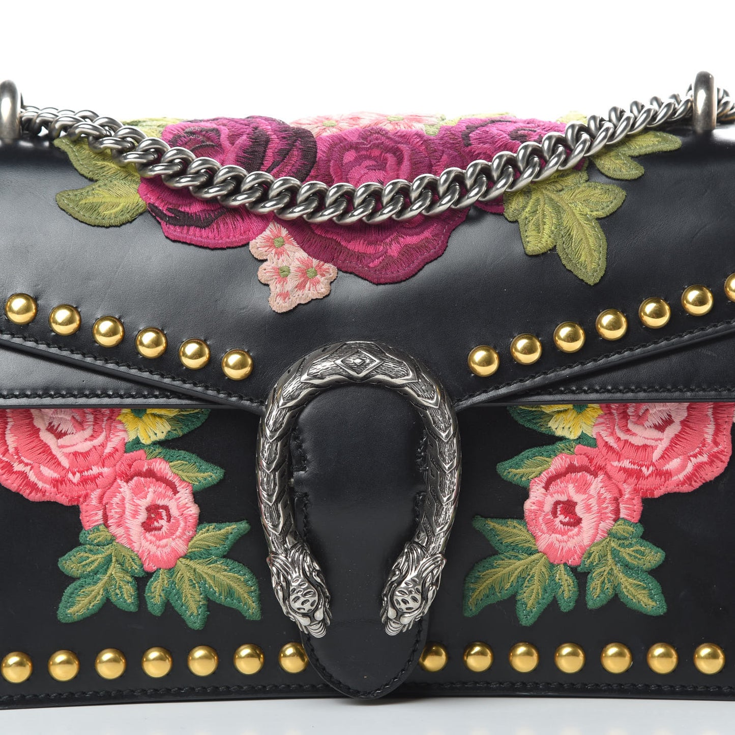 Calfskin Floral Embroidered Studded Small Dionysus Shoulder Bag Black