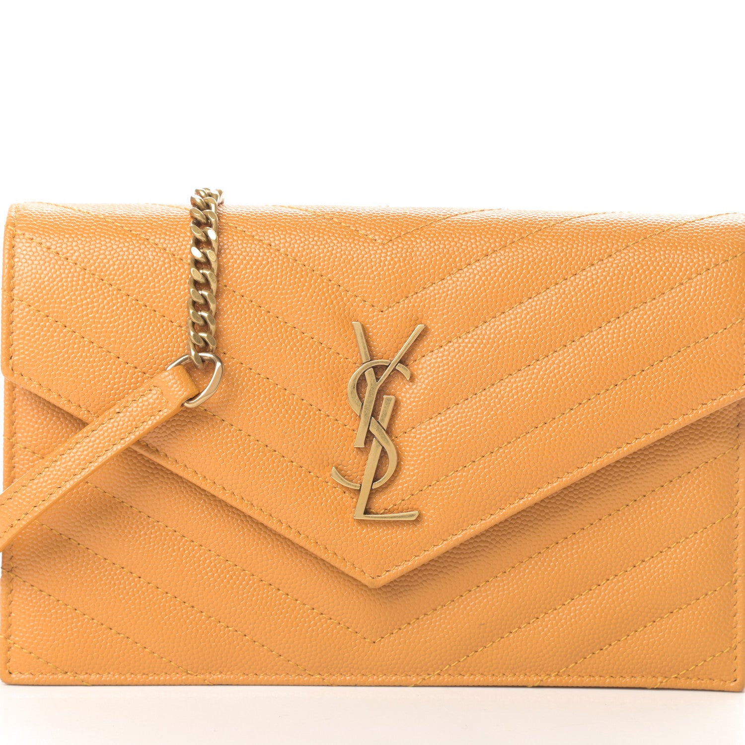 Saint Laurent Grain De Poudre Matelasse Chevron Monogram Envelope Chain Wallet Senape Yellow 8 of 10