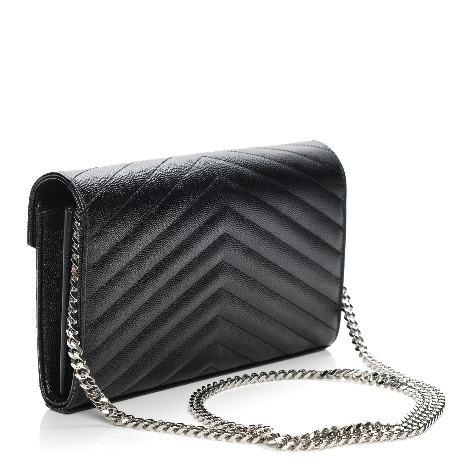 Saint Laurent Grain De Poudre Matelasse Chevron Medium Monogram Chain Wallet Black 10 of 14