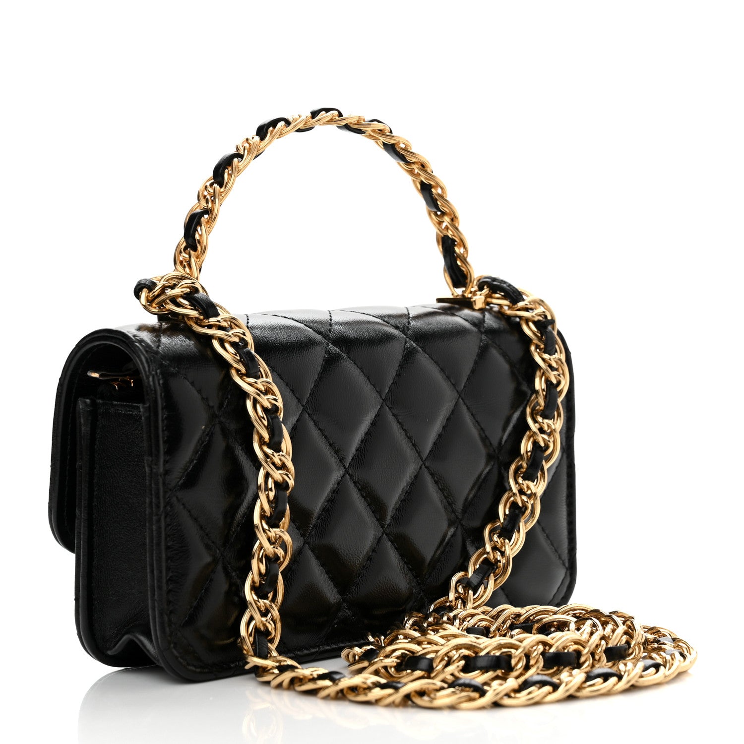 Chanel Shiny Lambskin Quilted Golden Links Top Handle Phone Holder With Chain Black 3 of 12