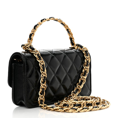 Chanel Shiny Lambskin Quilted Golden Links Top Handle Phone Holder With Chain Black 3 of 12