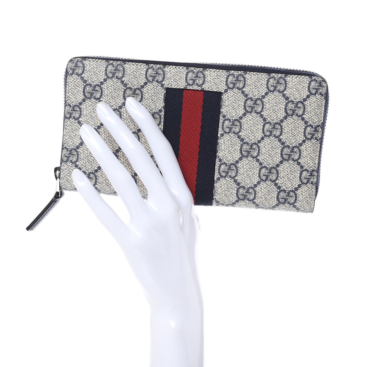 GG Supreme Monogram Web Zip Around Wallet Beige Blue