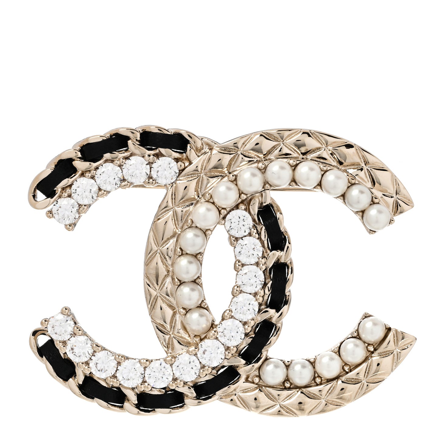 Lambskin Pearl Crystal Quilted CC Brooch Black Gold Black