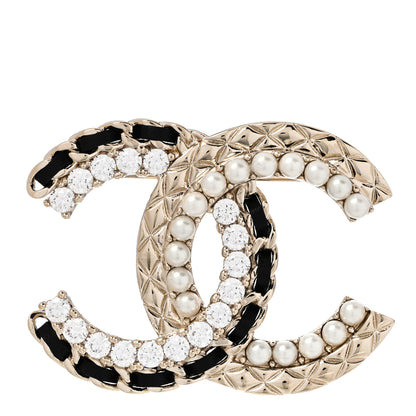 Chanel Lambskin Pearl Crystal Quilted CC Brooch Black Gold Black 1 of 4