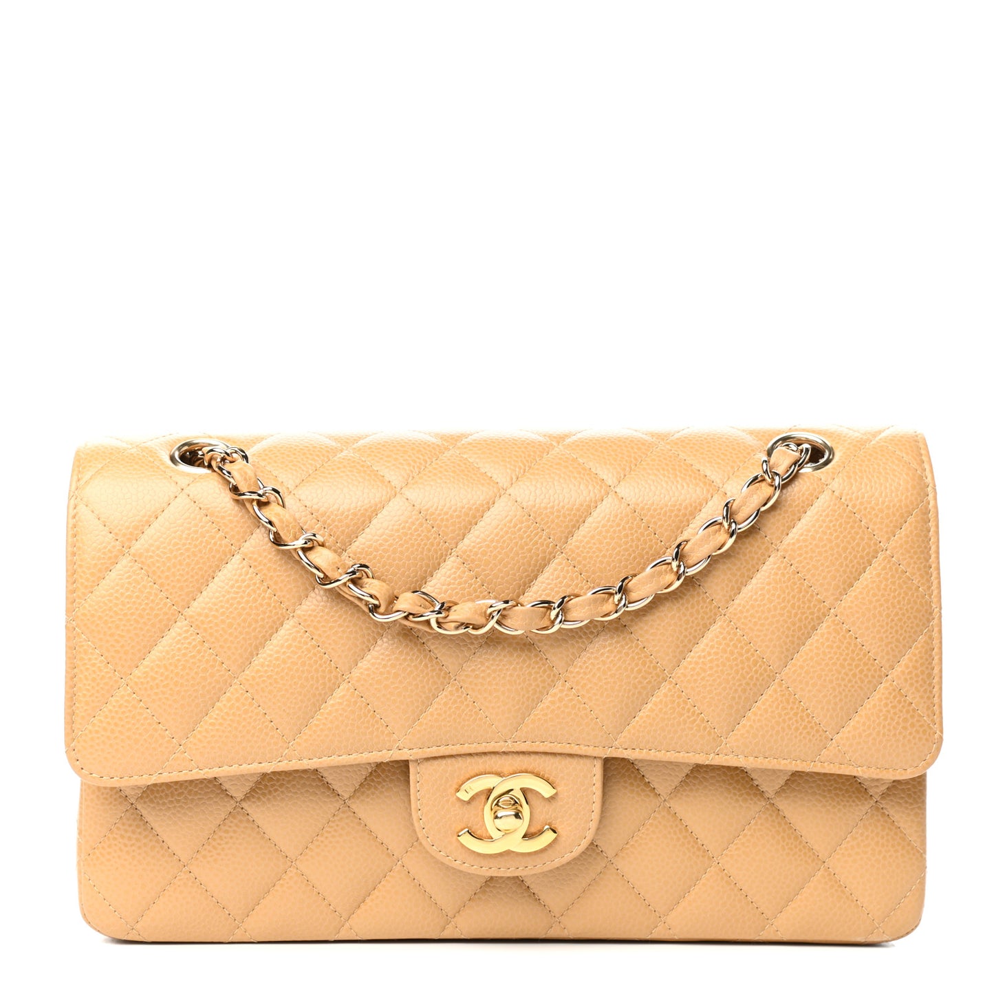 Caviar Quilted Medium Double Flap Beige