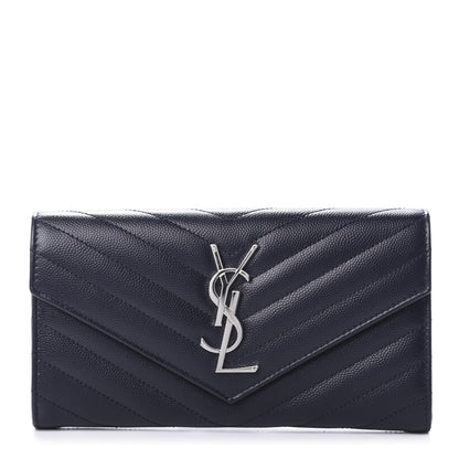 Saint Laurent Grain De Poudre Matelasse Chevron Monogram Flap Wallet Deep Marine 1 of 7