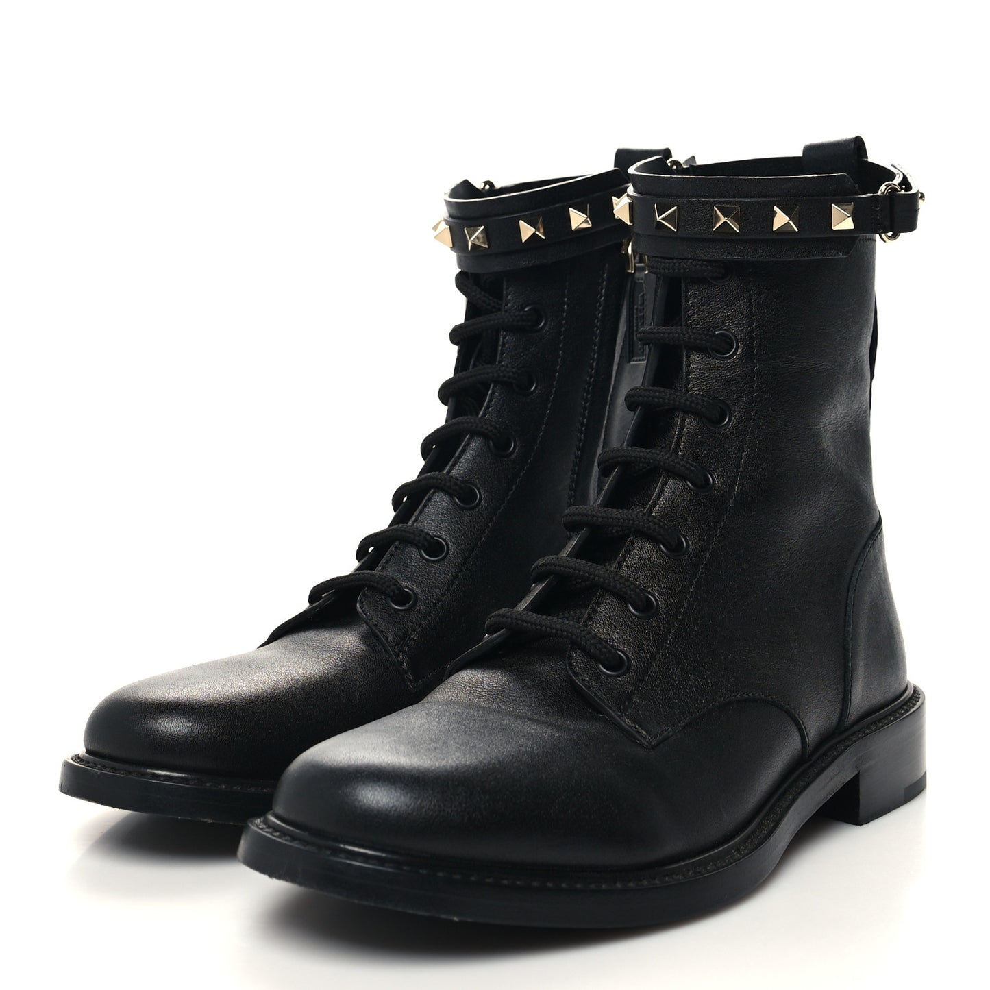 Calfskin Rockstud Combat Ankle Boots 37 Black