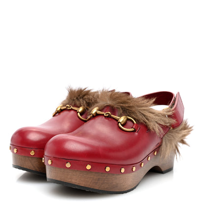 Gucci Calfskin Fur Horsebit Amstel Slingback Clogs 36 Rosso Naturale 2 of 7