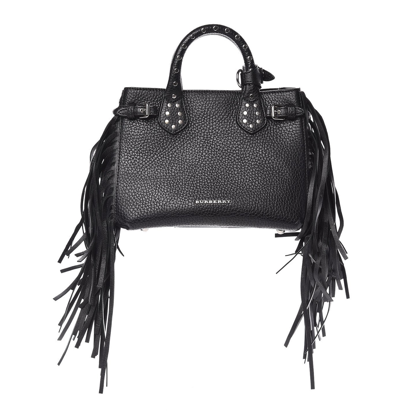 Grainy Calfskin Studded Fringe Baby Banner Tote Black