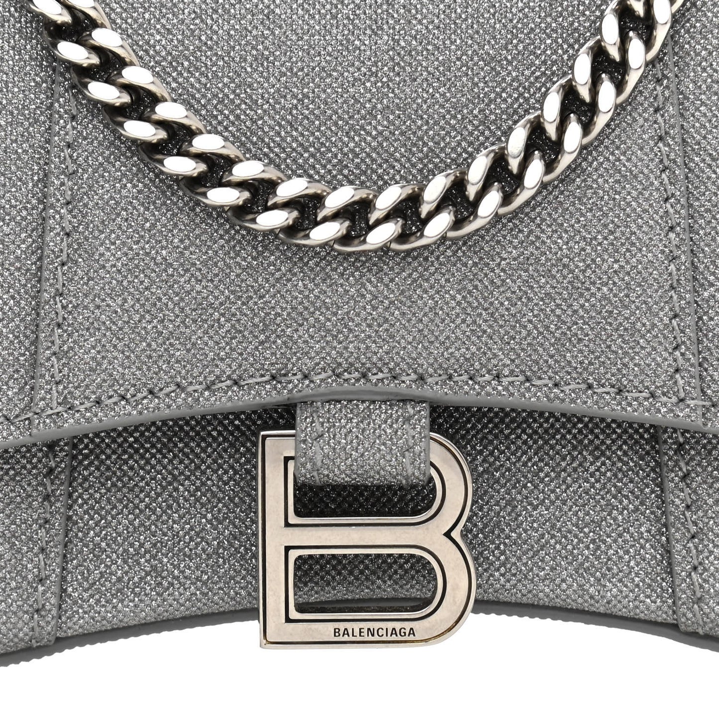 Glitter Fabric Hourglass Top Handle Bag Mini with Chain Grey