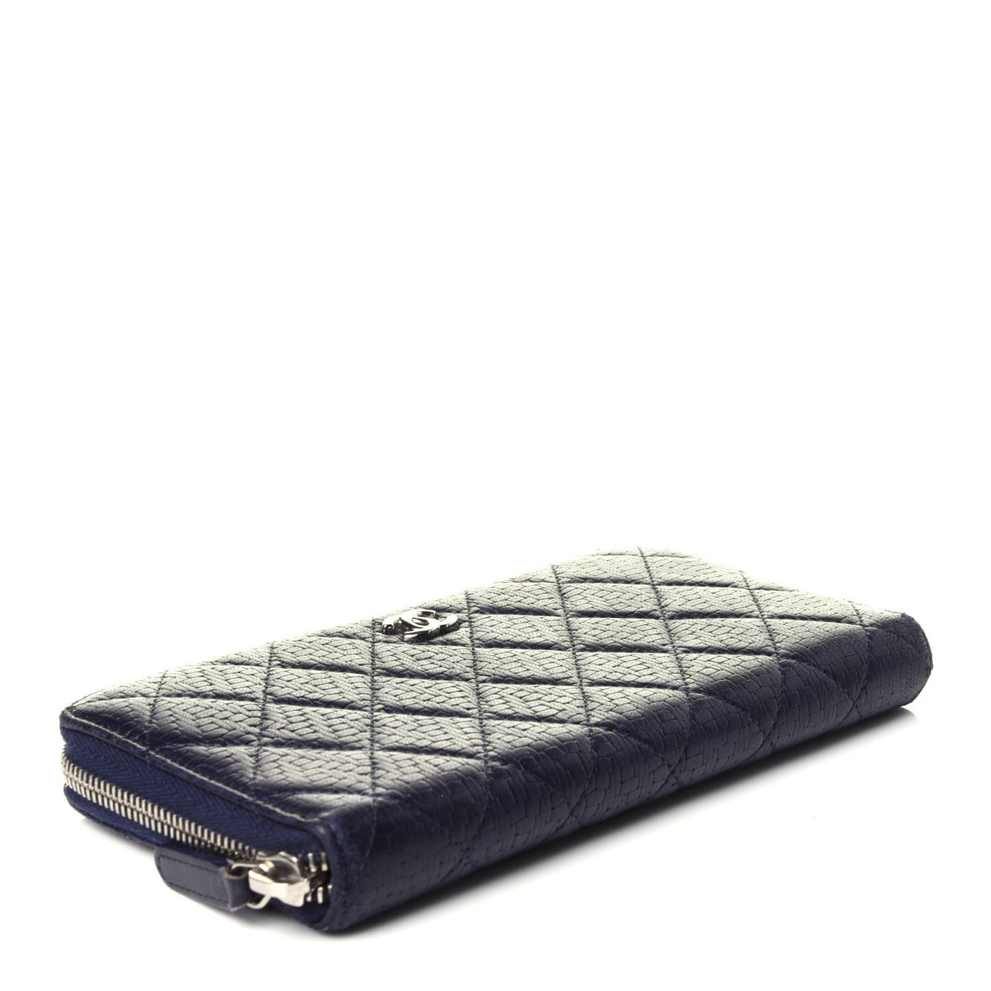 Woven Lambskin Quilted Large Zip Around Wallet Navy