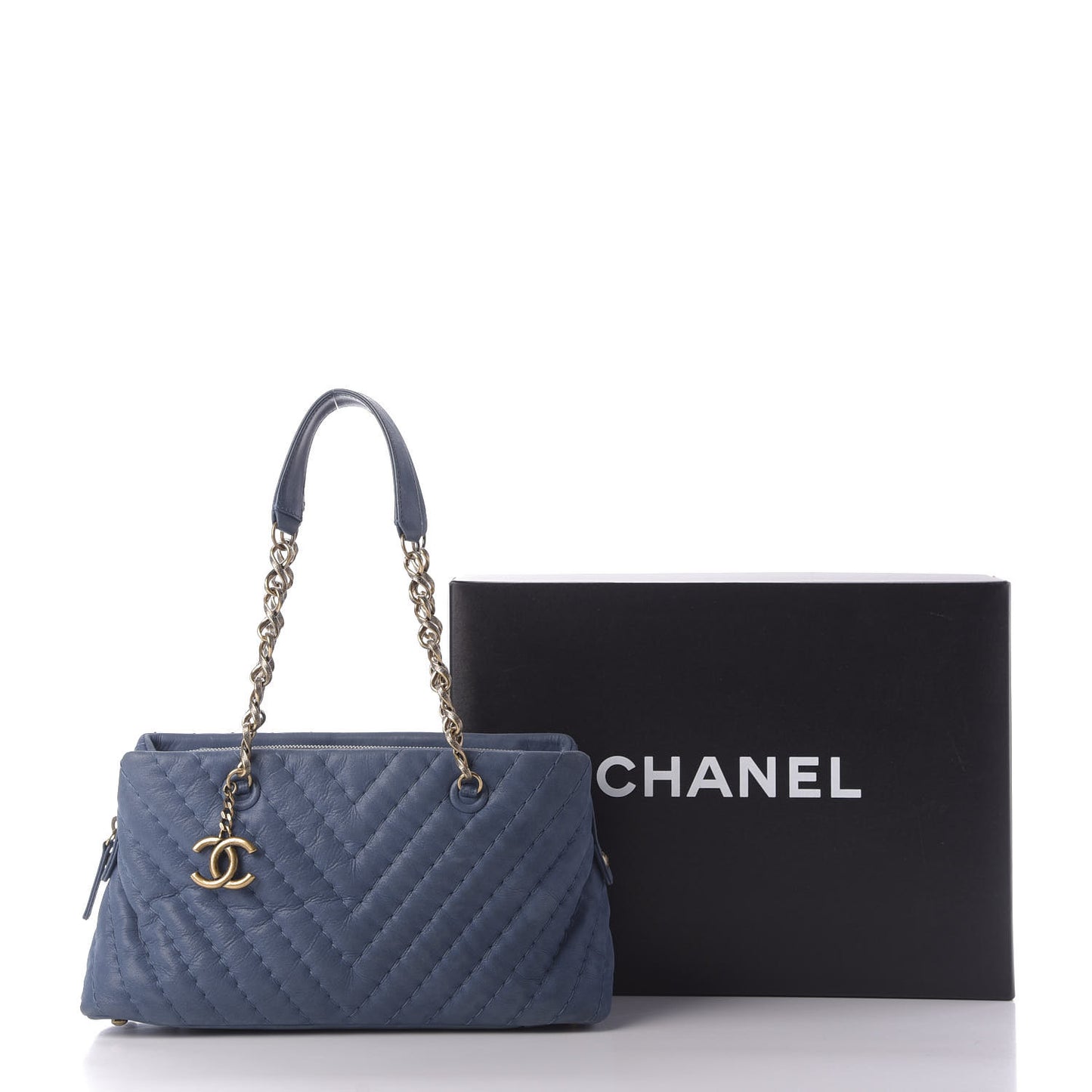 Iridescent Calfskin Chevron Quilted Surpique Tote Dark Blue