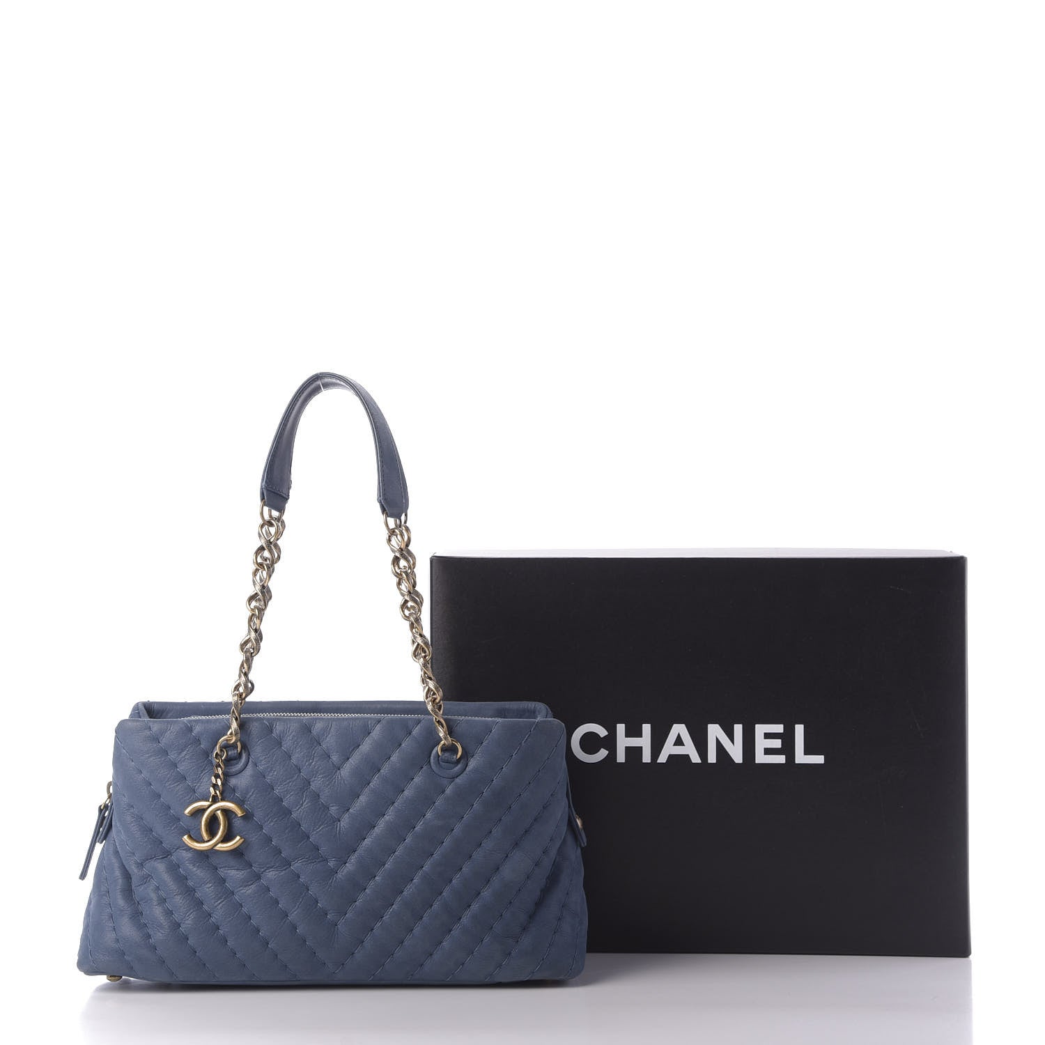 Chanel Iridescent Calfskin Chevron Quilted Surpique Tote Dark Blue 10 of 10