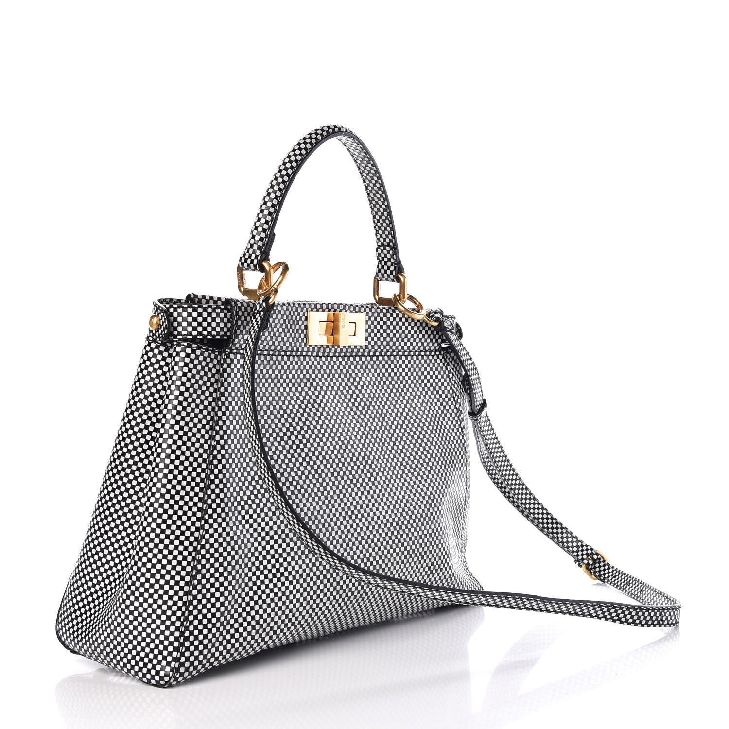 Fendi Pequin Checkered Medium Peekaboo Iconic Satchel Black White 4 of 9