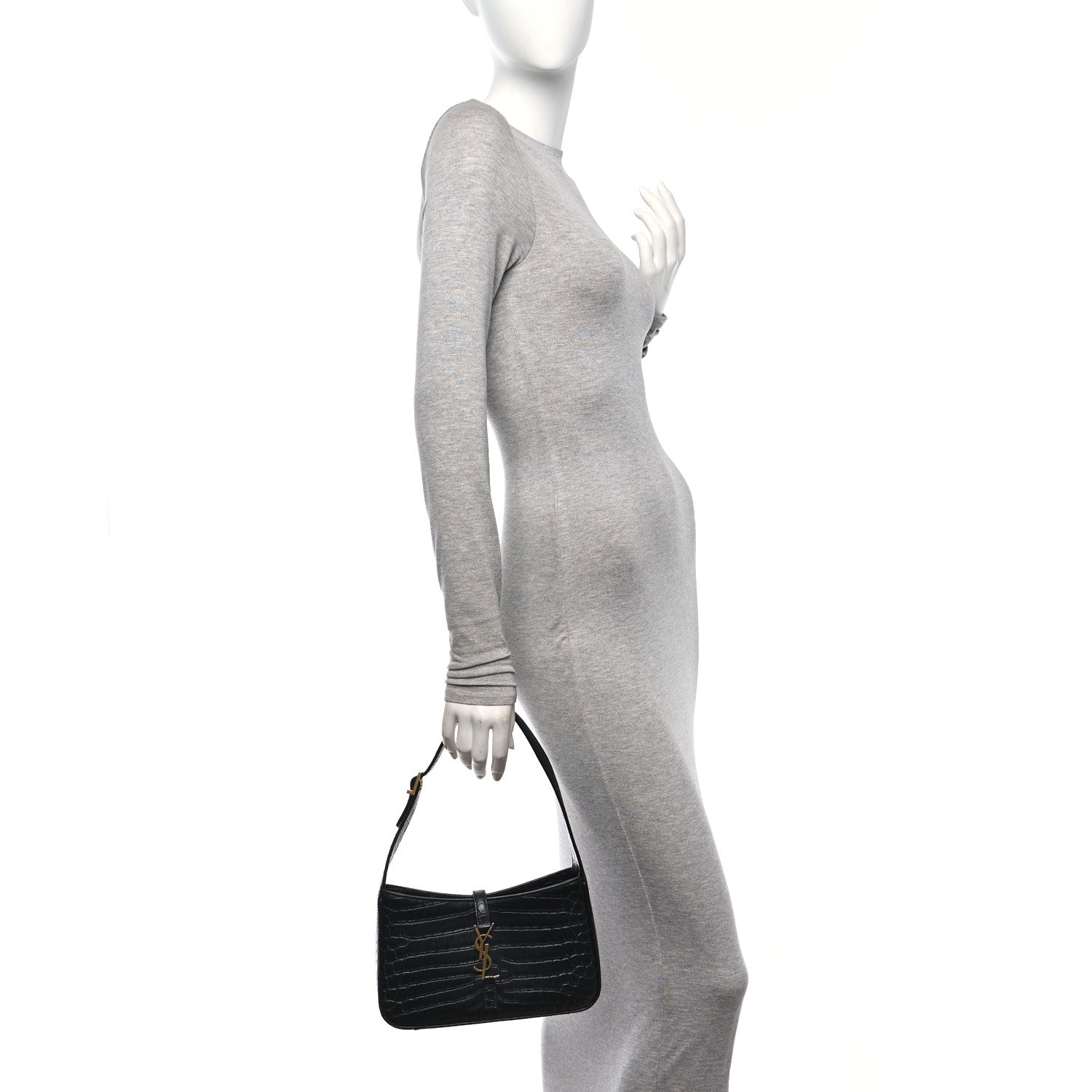 Saint Laurent Calfskin Crocodile Embossed Le 5 A 7 Hobo Black 2 of 10