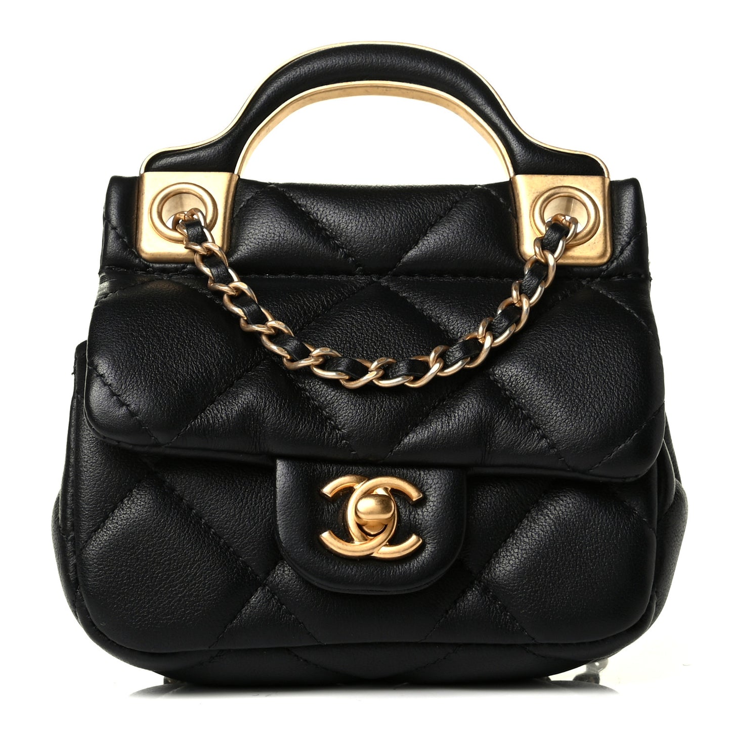 Calfskin Quilted Lady Handle Flap Card Holder With Chain Black