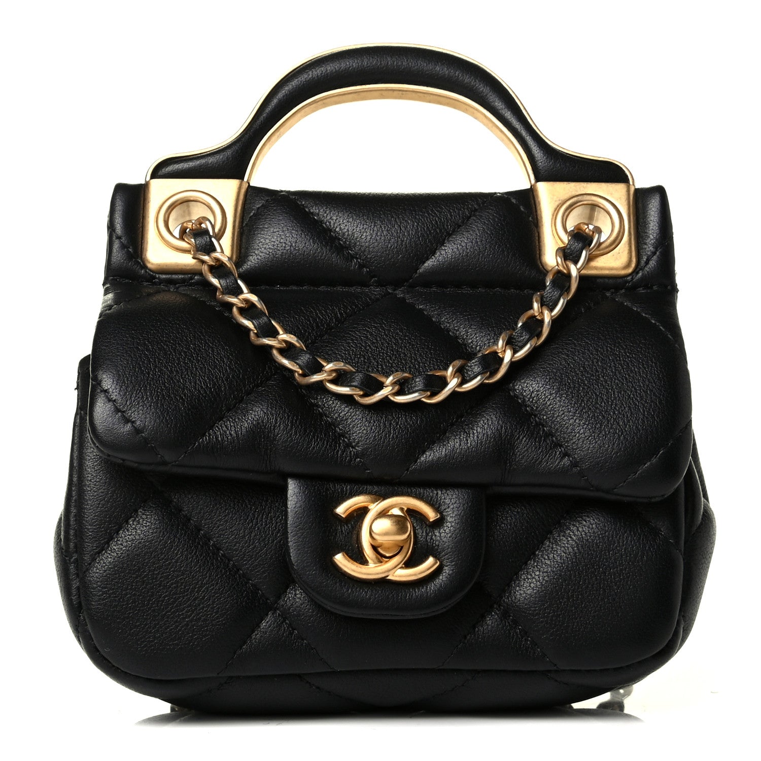 Chanel Calfskin Quilted Lady Handle Flap Card Holder With Chain Black 1 of 4