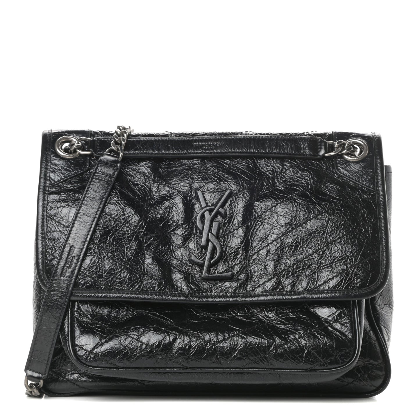 Crinkled Calfskin Matelasse Monogram Medium Niki Chain Satchel Black