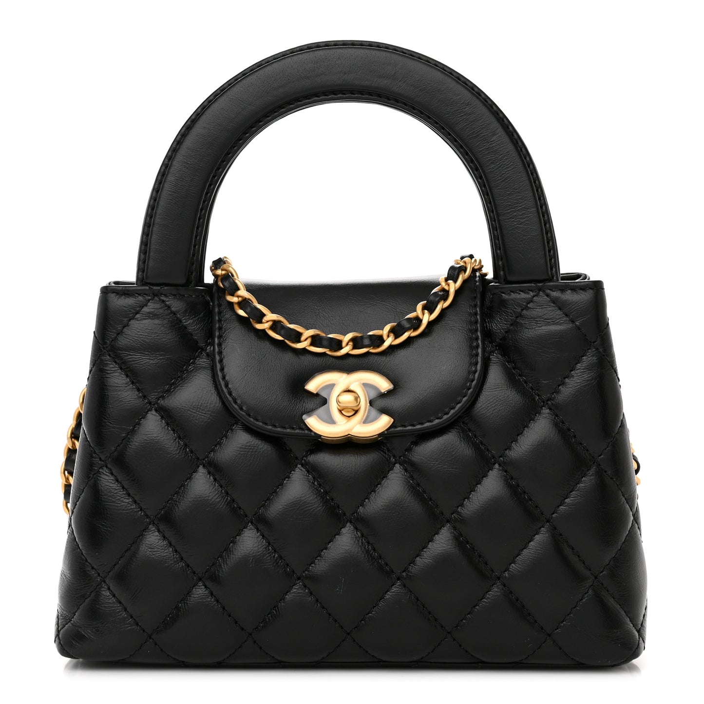 Shiny Aged Calfskin Quilted Nano Kelly Shopper Black