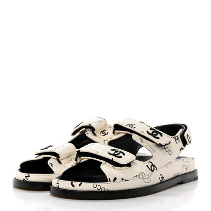 Chanel Lambskin Printed CC Velcro Dad Sandals 40 White Black 4 of 10