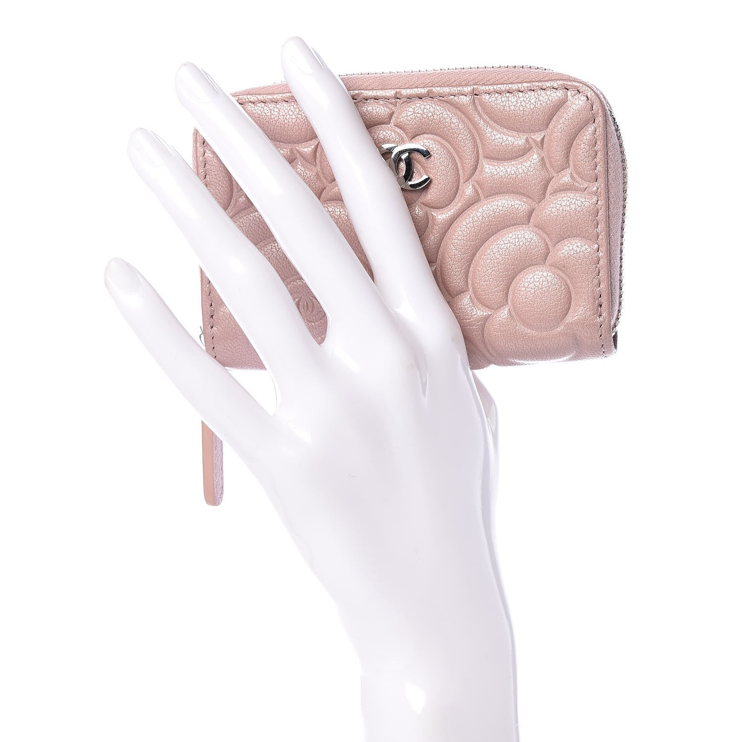 Chanel Goatskin Camellia Embossed Zip Coin Purse Pink 2 of 8