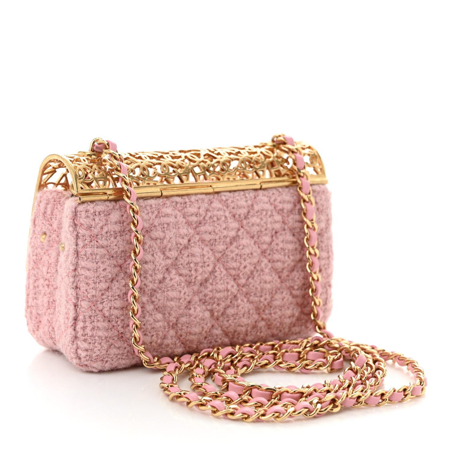 Chanel Metal Tweed Logo CC Minaudiere Mini Flap Bag Pink Gold
