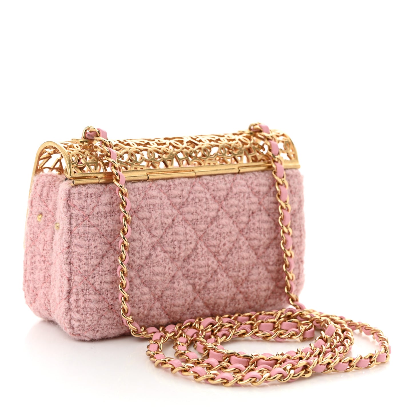 Metal Tweed Logo CC Minaudiere Mini Flap Bag Pink Gold