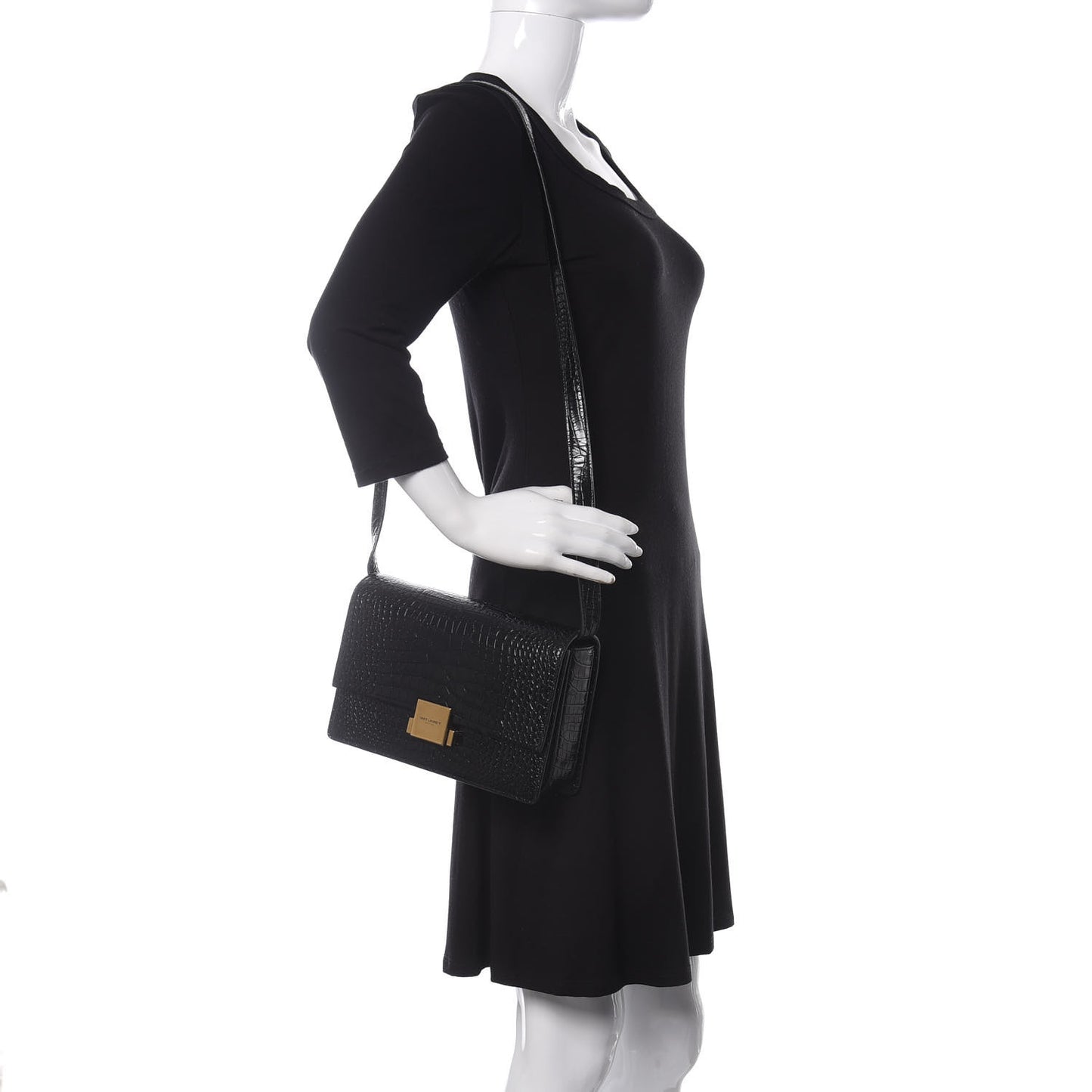 Calfskin Crocodile Embossed Medium Bellechasse Satchel Black