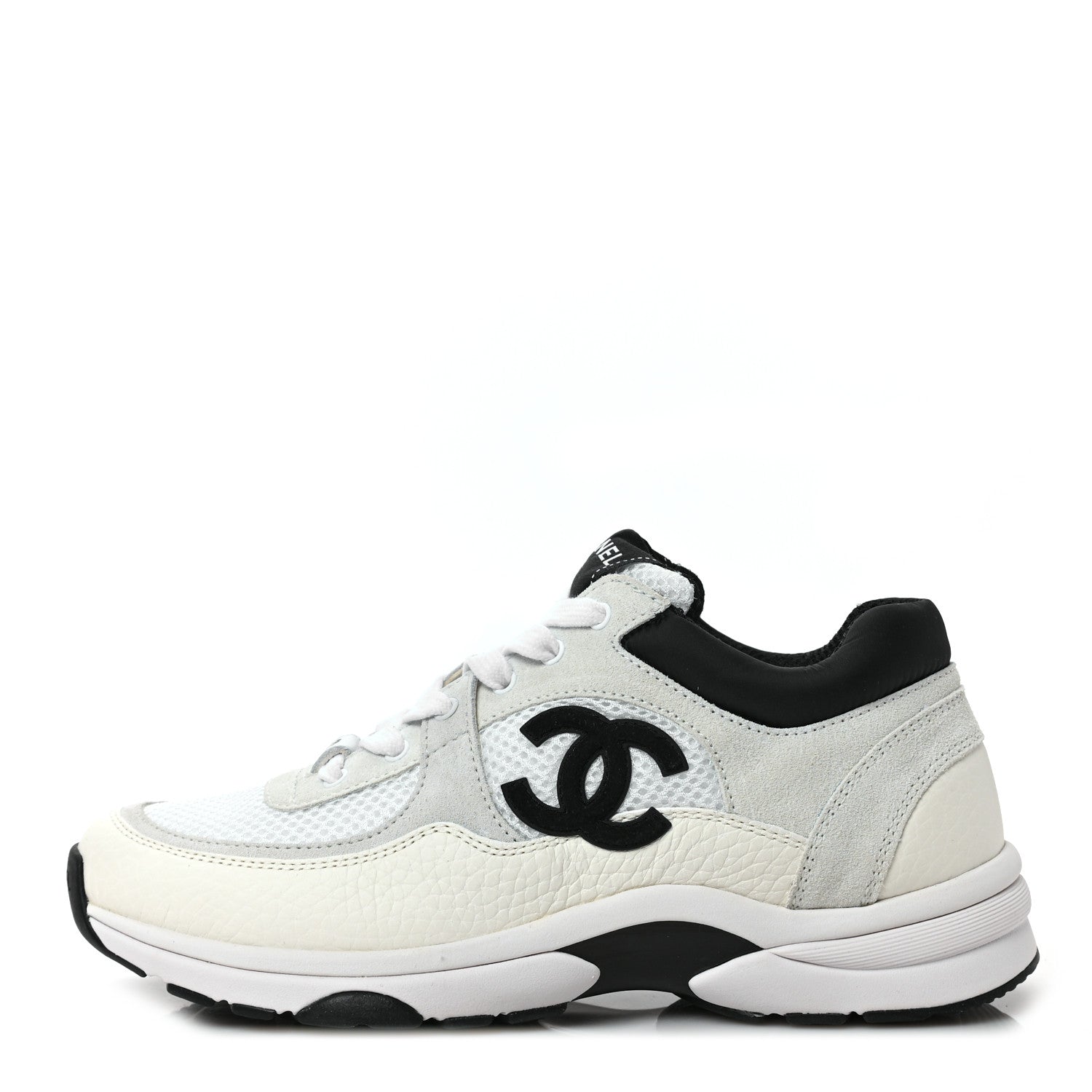 Chanel Mesh Suede Calfskin Grained Calfskin Womens CC Sneakers 37 White Black 1 of 10