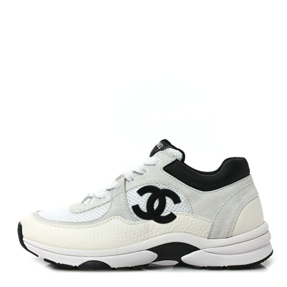 Chanel Mesh Suede Calfskin Grained Calfskin Womens CC Sneakers 37 White Black 1 of 10