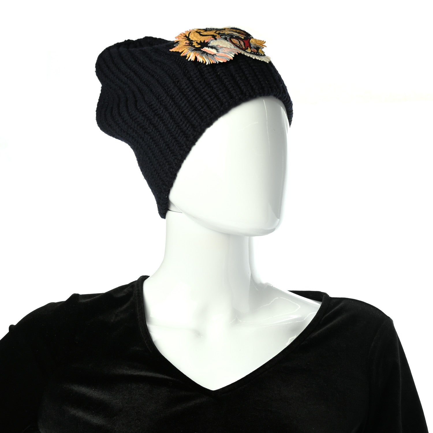 Gucci Wool Embroidered Tiger Knit Beanie Hat M Blue 2 of 4