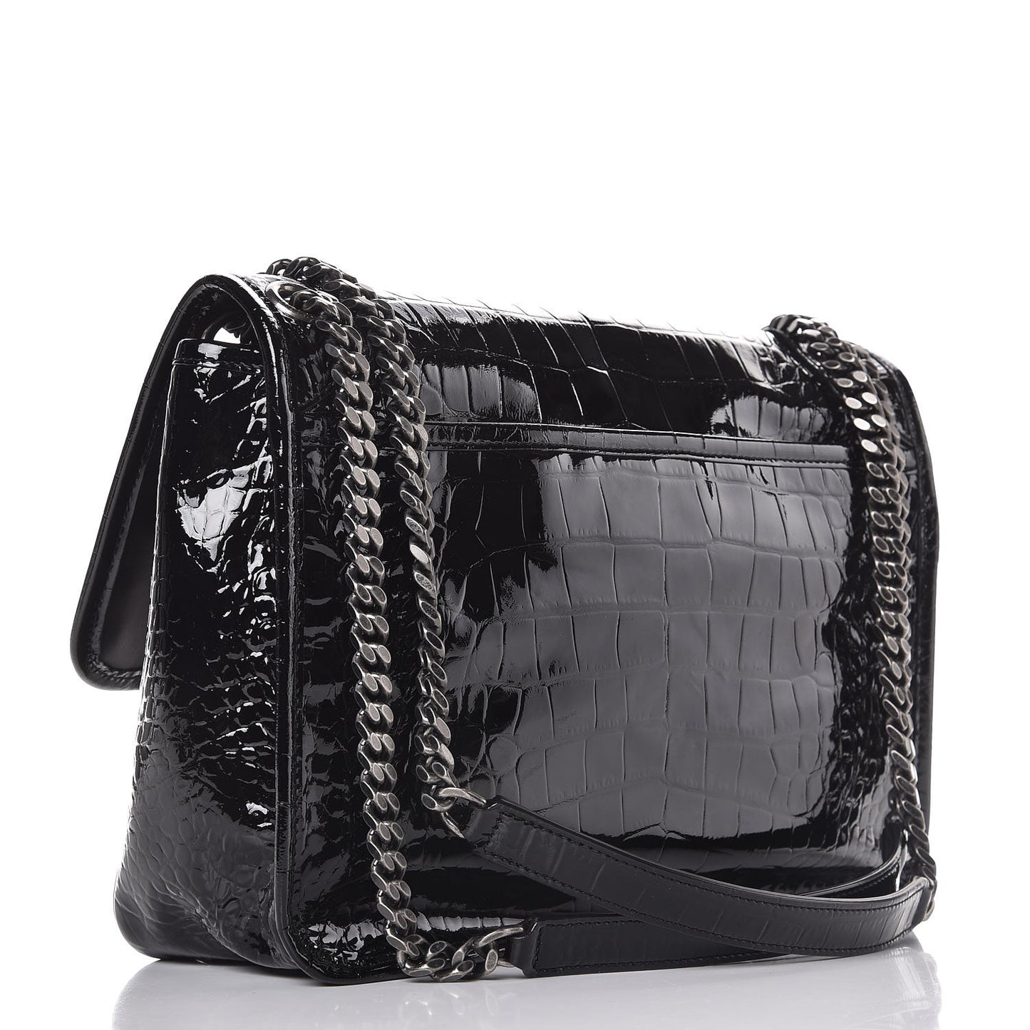 Patent Crocodile Embossed Lambskin Monogram Medium Niki Chain Satchel Black
