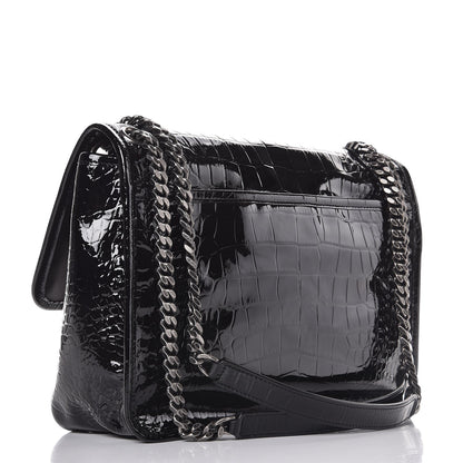 Saint Laurent Patent Crocodile Embossed Lambskin Monogram Medium Niki Chain Satchel Black 3 of 7