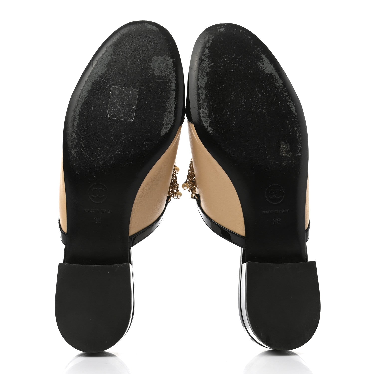 Chanel Lambskin Patent Pearl Chain Charm CC Mules 38 Beige Black 5 of 9