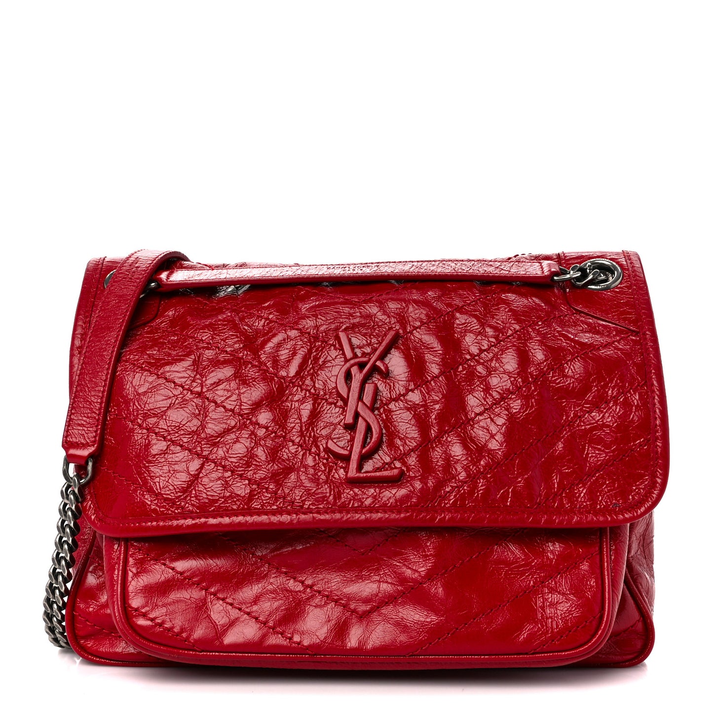 Crinkled Calfskin Matelasse Monogram Medium Niki Chain Satchel Rouge Eros