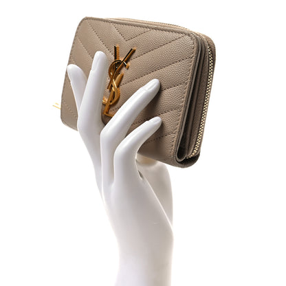 Saint Laurent Grain De Poudre Matelasse Chevron Monogram Compact Zip Around Wallet Dark Beige 2 of 7