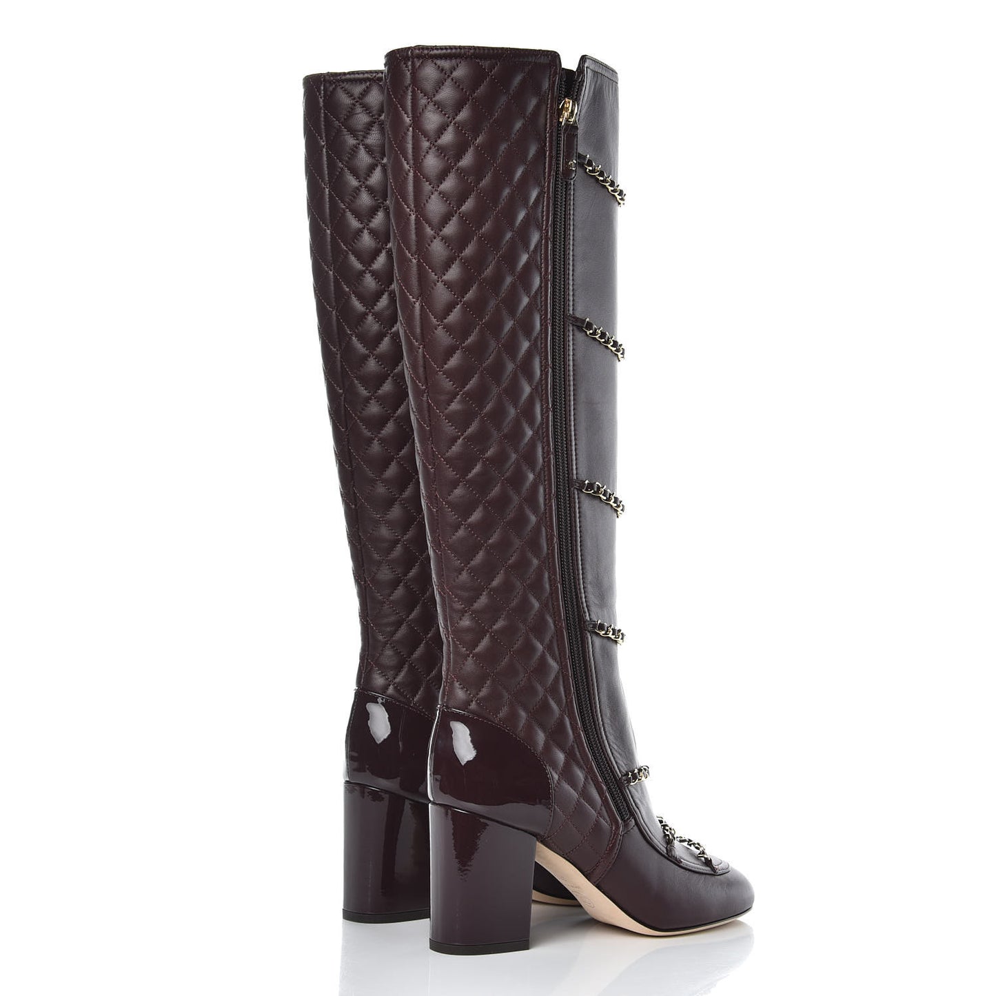 Lambskin Patent Calfskin Chained High Boots 38 Bordeaux