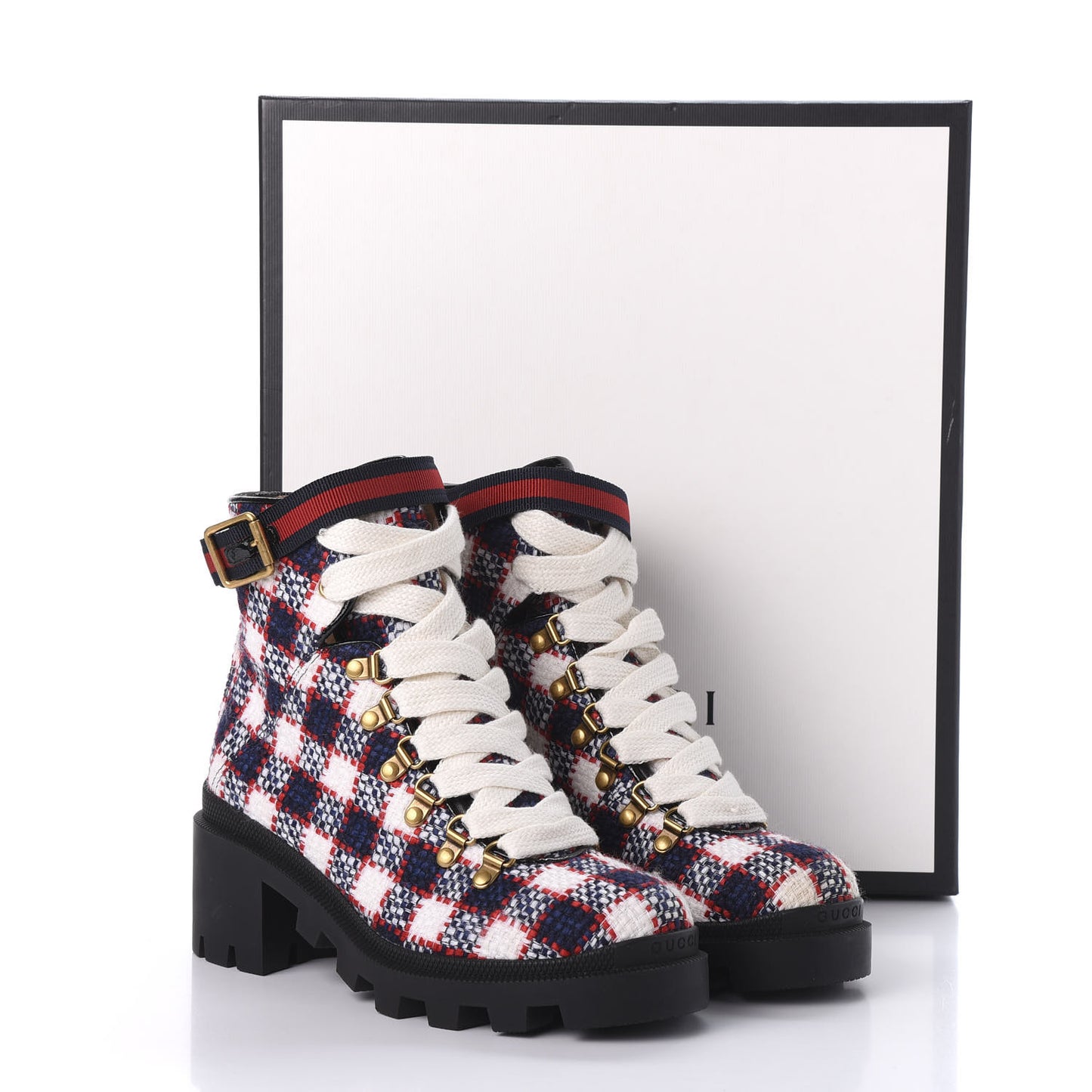 Vintage Tweed Check Lace Up Combat Ankle Boots 37.5 White Hibiscus Red Marine