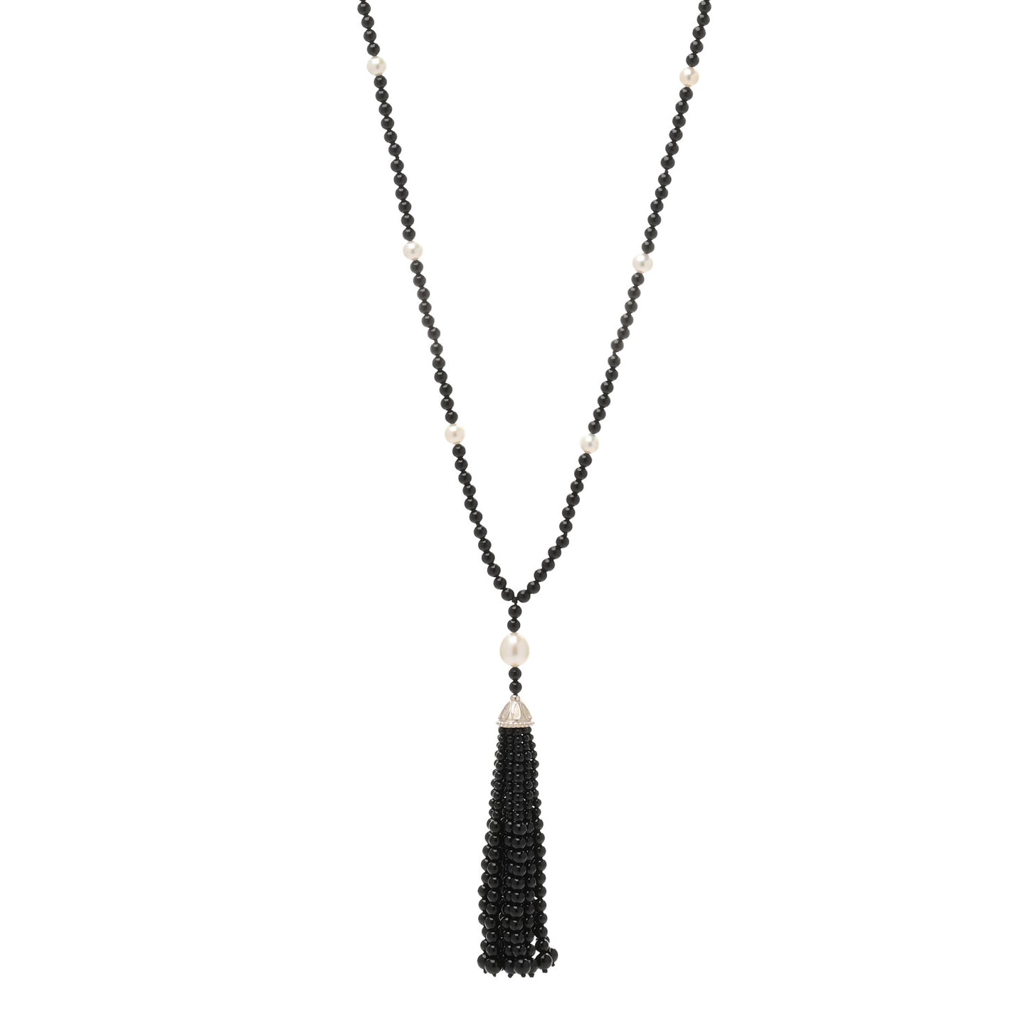 Sterling Silver Black Onyx Freshwater Pearl Ziegfeld Tassel Necklace