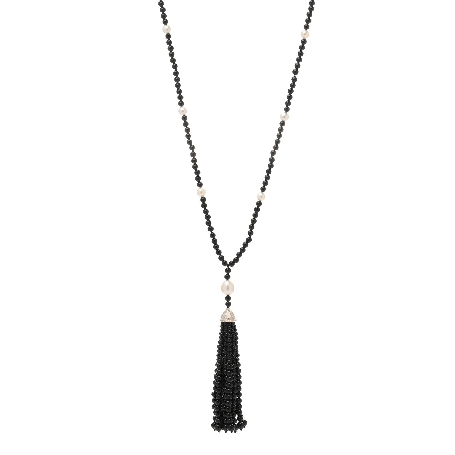 Tiffany Sterling Silver Black Onyx Freshwater Pearl Ziegfeld Tassel Necklace 1 of 3