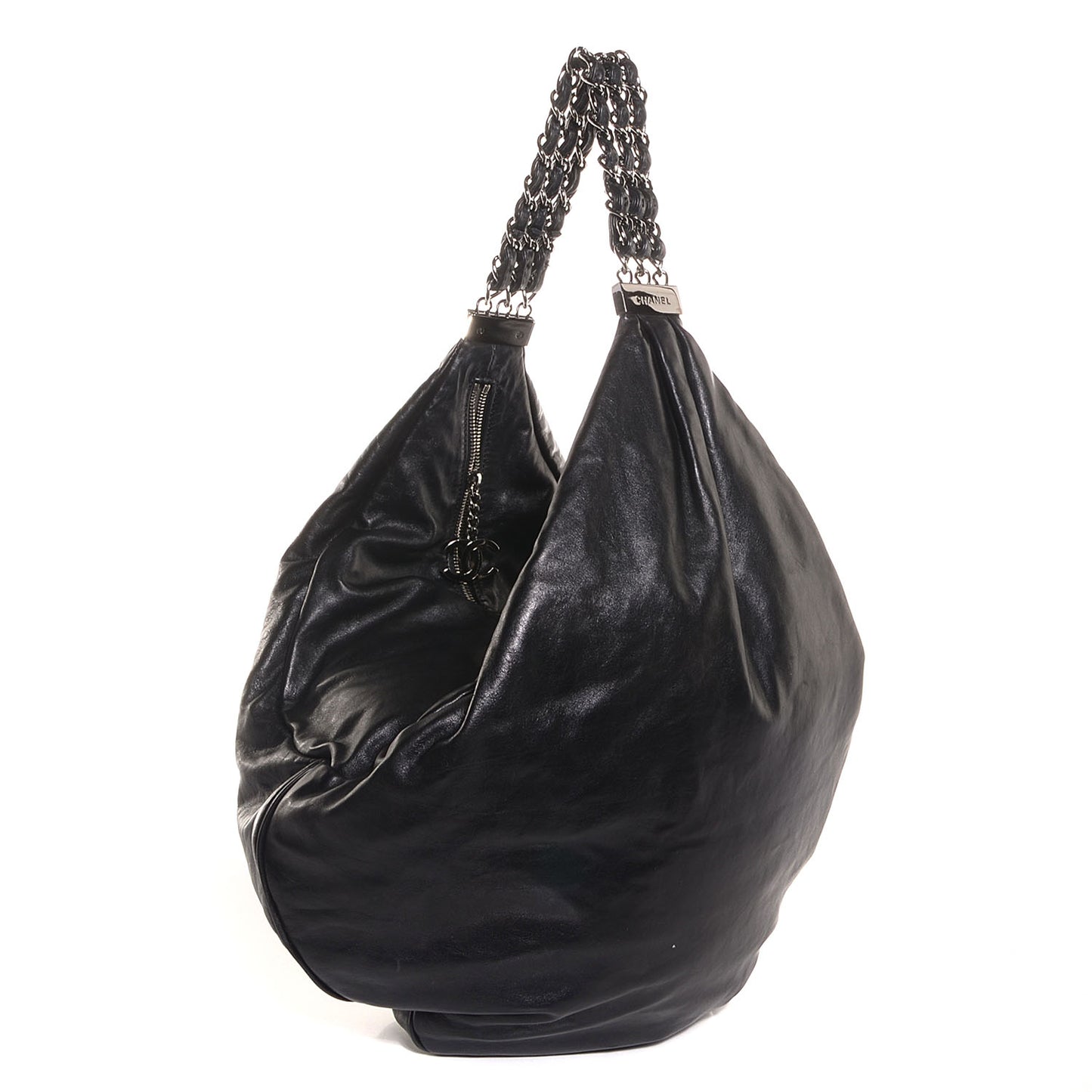 Lambskin Large Rock and Chain Hobo Black
