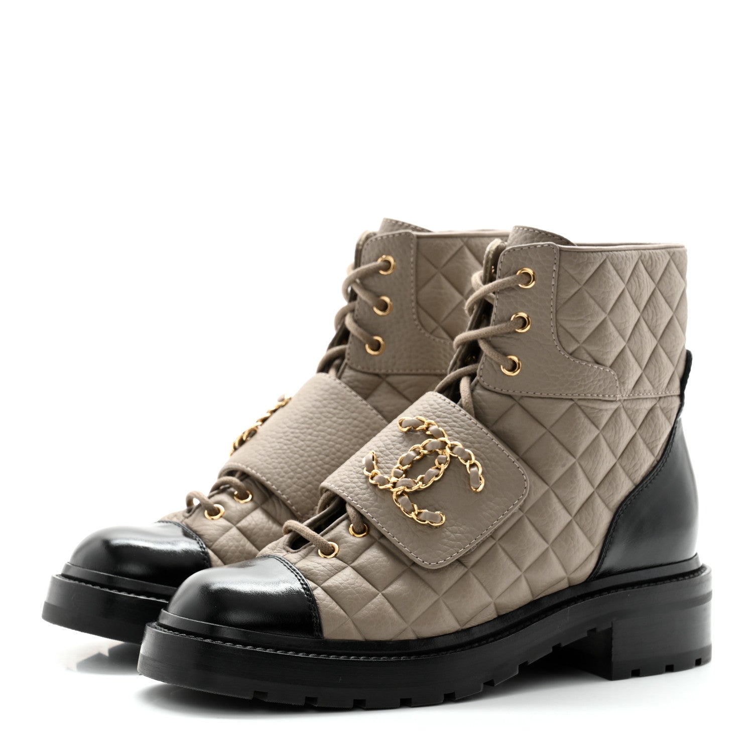Chanel Calfskin Shiny Calfskin Quilted Lace Up Combat Boots 38.5 Dark Beige Black 3 of 13