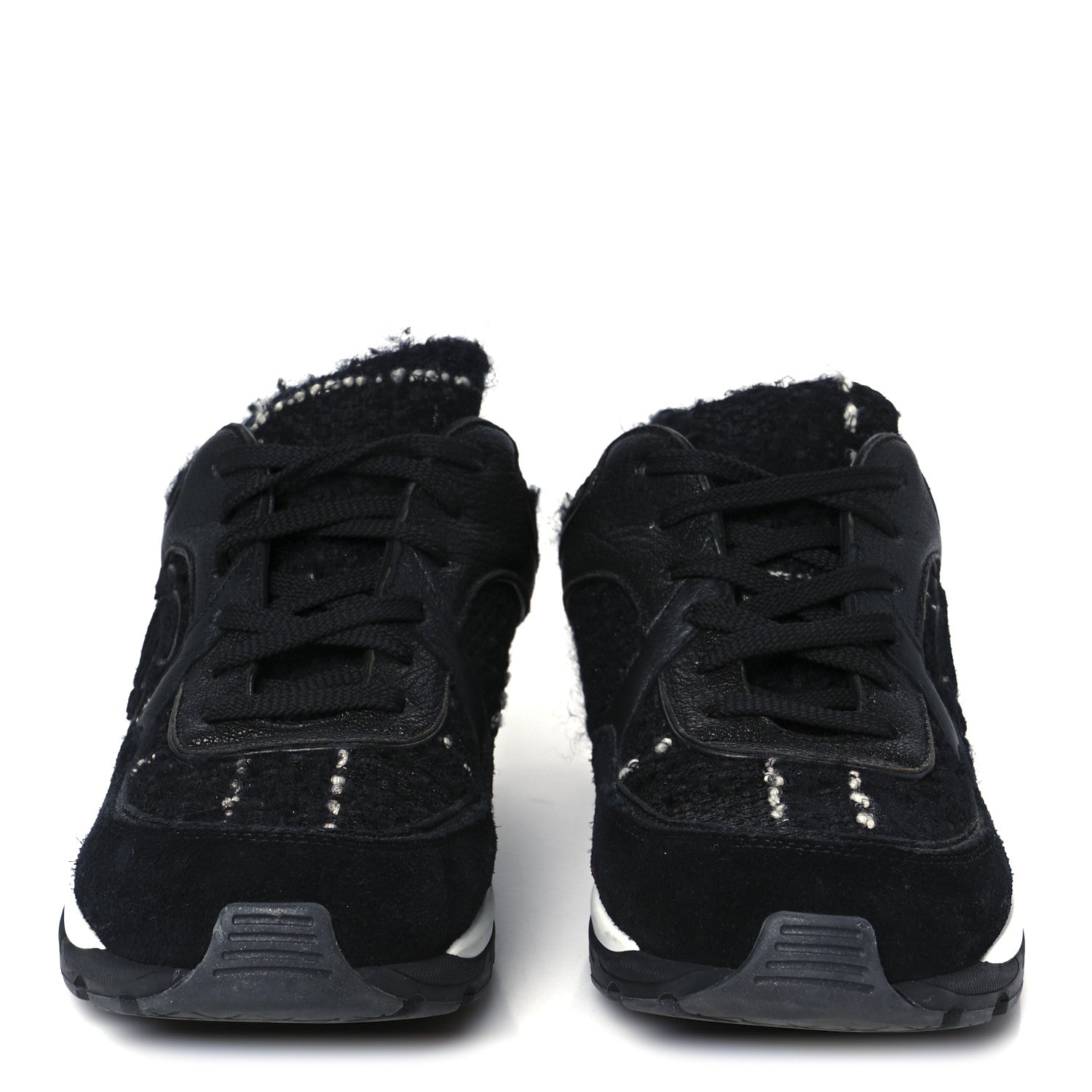 Chanel Tweed Suede Goatskin CC Sneakers 37 Black White 3 of 9